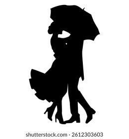 Silhouette of loving couple standing under an umbrella. Vector illustration