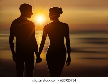 Silhouette of loving couple at sunset. Man and woman holding hands on the seashore. Love and romance. Vector illustration