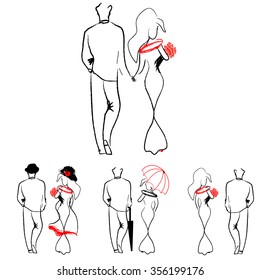 silhouette of loving couples walking