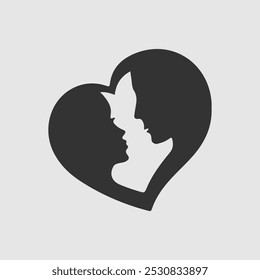 Silhouette of loving man and woman looking at each other in the heart-shaped frame, isolated on white background. Vector illustration