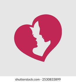 Silhouette of loving man and woman looking at each other in the heart-shaped frame, isolated on white background. Vector illustration