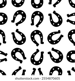 Silhouette of lucky horseshoe. Seamless vector pattern. Endless ornament. Isolated colorless background. Horse shoes. St. Patricks Day. Ink drawing imitation. Flat style. Repeating symbol of happiness