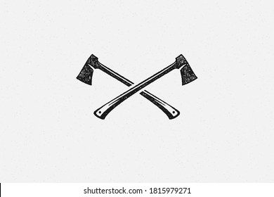 Silhouette lumberjack axes crossed as symbol of logging industry in nature hand drawn stamp effect vector illustration. Vintage camping grunge texture on old paper for poster or label decoration.