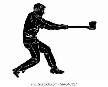 Silhouette of lumberjack chops , black and white drawing, white background