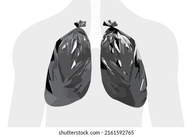 Silhouette of the lung organ in the form of a black plastic trash bag. Vector illustration of a human organ. The concept of medicine, ecology and healthcare. The problem of breathing and clean air.