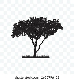 Silhouette of a Lush Tree with Grass, Vector Illustration