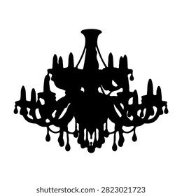 Silhouette of a luxurious chandelier featuring multiple candle holders and intricate design, hanging against a plain background.