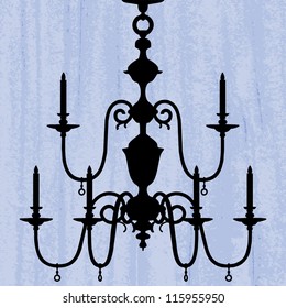 silhouette of luxury chandelier on a scratched blue wallpaper/ template design of invitation with chandelier