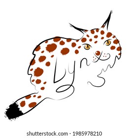 The silhouette of a lynx with black contour and brown spots. The solid line turns into a stylized inscription "Lynx". Animal emblem.