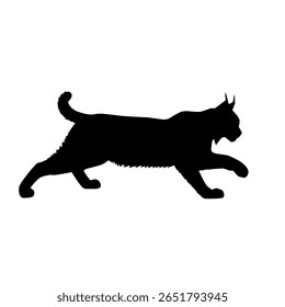Silhouette of a lynx walking, showing its distinct ear tufts and short tail. Wild feline illustration in black for wildlife, logo, or nature-themed design