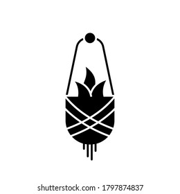 Silhouette Macrame plant. Outline icon of Hanging flower pot with macarame. Black illustration of handmade interior decoration, trend needlework. Flat isolated vector pictogram, white background
