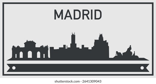 Silhouette of Madrid city skyline with minimalistic design in black and gray color scheme and decorative ribbon for text on the bottom. Vector on a gray background