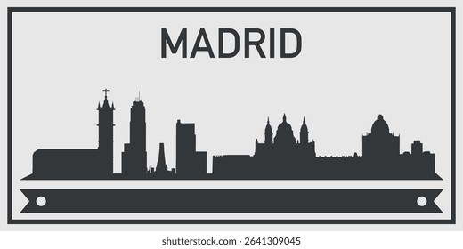 Silhouette of Madrid city skyline with minimalistic design in black and gray color scheme and decorative ribbon for text on the bottom. Vector on a gray background