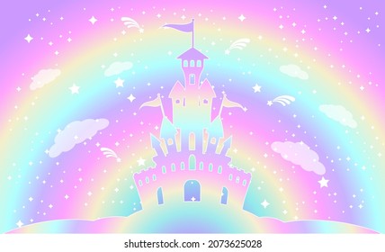 Silhouette Of A Magic Castle On A Background Of A Rainbow Sky With Stars. Princess Palace Illustration. Vector Image.