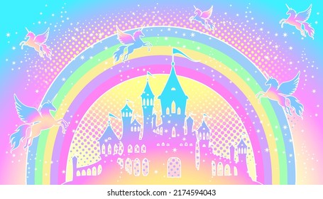 Silhouette of a magic castle on a background of a rainbow unikorns with stars. Princess palace illustration. Vector image.