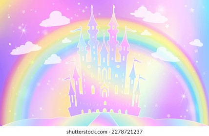 Silhouette eines magischen Schlosses auf dem Hintergrund eines Regenbogenhimmels mit Sternen. Prinzessin-Palast-Illustration. Vektorbild.