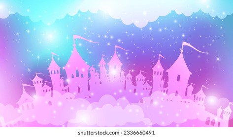 Silhouette of a magic castle on a background with stars. Princess pink palace illustration. Vector image.