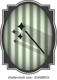 Silhouette of a magic wand in the vintage frame on the green background