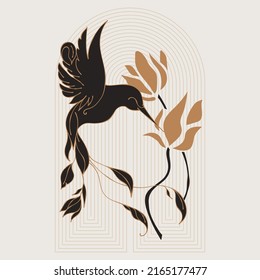 Silhouette of magical bird with flowers, vector set. Mystical abstract form in the style of Matisse. Abstract body art design for print, cover, wallpaper, minimal wall art.