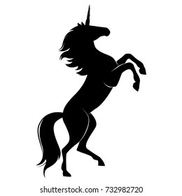 Silhouette of magical cute unicorn. Stylish icon, template, background, tattoo. Print for t-shirt. Hand drawn vector illustration, outline black on white, isolated.   