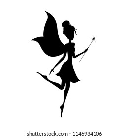 Silhouette of magical fairy with her wand on white background