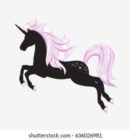 Silhouette of magical unicorn. Its body is a black color and its mane, hooves, tail is a pink colors. Hand drawn, isolated on white background.