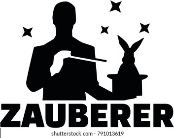 Silhouette of a magician doing a magic trick with bunny and wand and german job title