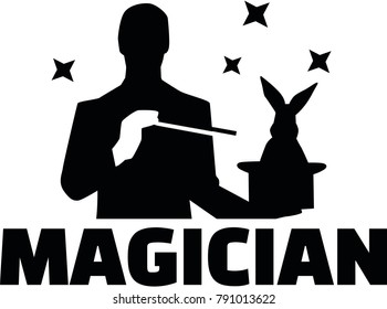 Silhouette of a magician doing a magic trick with bunny and wand and job title