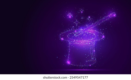 Silhouette of a magician hat with sparkles made of glowing, multicolored dots, resembling stars. The particles symbolize mystery, wonder, and the enchantment of magic.