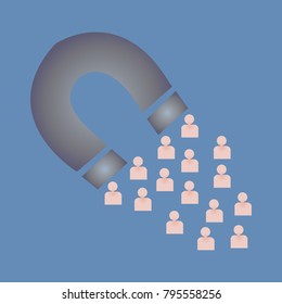 Silhouette of magnet, attraction of customers and customers to business, on a blue background, vector