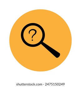 Silhouette of a magnifying glass and a question mark on an orange background in the form of a circle. Search answer icon. Vector flat illustration for website and banner design