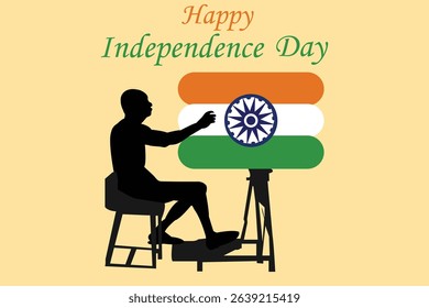 Silhouette of Mahatma Gandhi Painting Indian Flag. Patriotic digital artwork showing the silhouette of Mahatma Gandhi sitting and painting the Indian national flag on a canvas. 