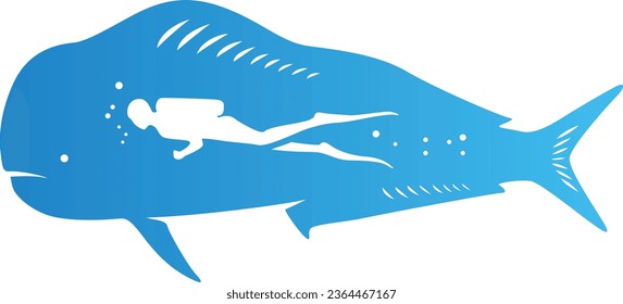 Silhouette of Mahi Mahi Fish with Scuba Diver Inside