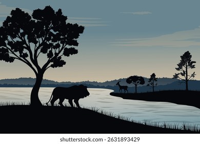 Silhouette of a Majestic Lion by the Riverside at Dusk with an Antelope Across the River, Surrounded by Trees, Rolling Hills And a Tranquil Evening Sky