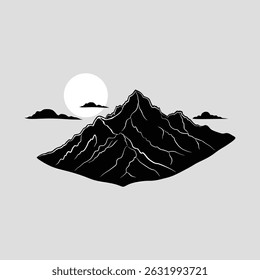 Silhouette of Majestic Mountains with Sun and Clouds vector illustration design or Mountains icon