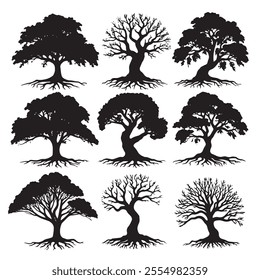 Silhouette of a majestic oak tree with sprawling branches, showcasing its grandeur and natural beauty. Perfect for nature-themed designs, environmental projects, and serene landscape visuals.