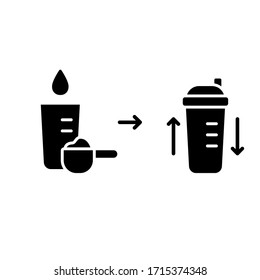 Silhouette making protein whey cocktail. Scheme to get finished drink from dry powder. Outline package design. Flat vector illustration for sports food, milk shake. Set icons of shaker, spoon, water