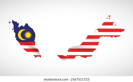 Silhouette of Malaysia map filled with the Malaysian flag design, symbolizing national pride, cultural heritage, and geographic diversity.  
