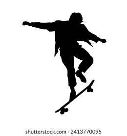 Silhouette of a male in action pose on skateboard. Silhouette of an urban boy on skateboard.