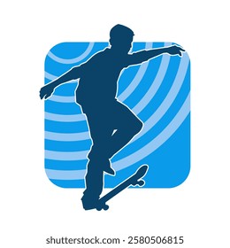 Silhouette of a male in action pose on skateboard. Silhouette of an urban boy on skateboard.