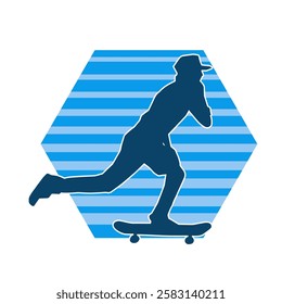 Silhouette of a male in action pose on skateboard. Silhouette of an urban boy on skateboard.