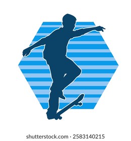 Silhouette of a male in action pose on skateboard. Silhouette of an urban boy on skateboard.