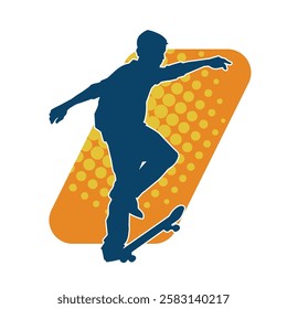 Silhouette of a male in action pose on skateboard. Silhouette of an urban boy on skateboard.