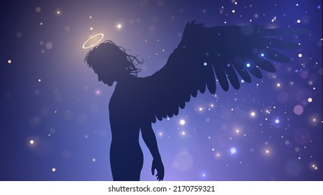 Silhouette of a male angel with a halo against the background of sparks and stars