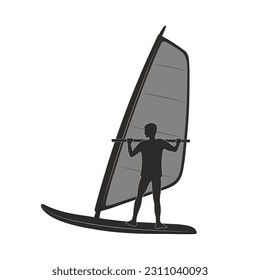 Silhouette of a male athlete on a windsurfing board with a sail on a white isolated square background. A man on a plank with a sail. Sports, windsurfing and other sports. Vector illustration. - Shutterstock ID 2311040093