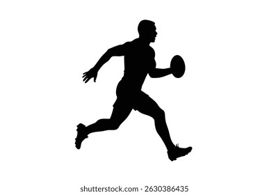 Silhouette of a male athlete running with an American football in hand, mid-stride, wearing sports gear, isolated on white background for team sport concept.