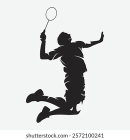 Silhouette of male badminton player doing jumping smash. Vector logo illustration.