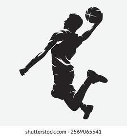 Silhouette of male basketball player. Athlete doing slam dunk. Vector logo illustration.