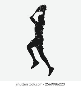 Silhouette of male basketball player. Athlete doing slam dunk. Vector logo illustration.