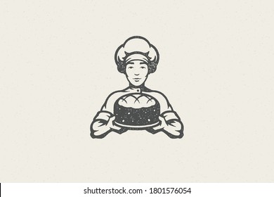 Silhouette of male chef baker carrying plate with fresh cake hand drawn stamp effect vector illustration. Vintage grunge texture on old paper background for packaging design or label decoration.